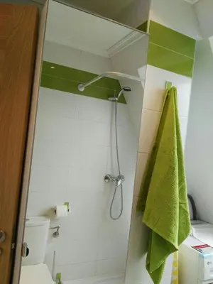 a bathroom with a shower with a green towel at San Ciprian Atico Playa by I Love Norte in San Ciprián