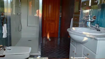 a bathroom with a sink and a toilet and a shower at Villa con piscina en Pantòn Ribeira Sacra Galicia Ideal para familias in Pantón
