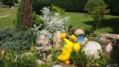 two rubber ducks statues in a garden at Vivienda de Uso Turístico Carballo Blanco 2 in Barral