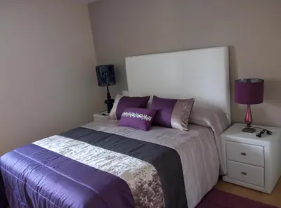 a bedroom with a large bed with purple pillows at Vivienda de Uso Turístico Carballo Blanco 1 in Barral