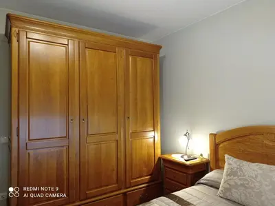 a bedroom with a wooden cabinet next to a bed at Casa Rural Las Mestas in Cangas del Narcea