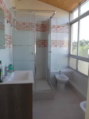 a bathroom with a shower and a sink and a toilet at O Cabalo Verde in Palas de Rei