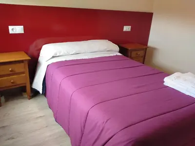 a bedroom with a bed with a purple blanket on it at Hostal Orly in Camponaraya