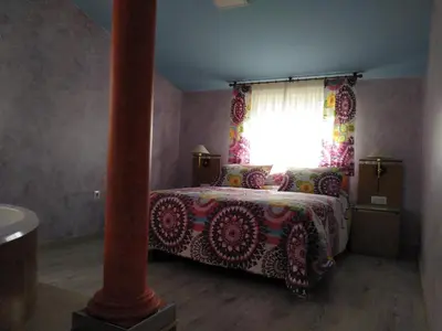 a bedroom with a bed with a window and a curtain at Hostal Orly in Camponaraya