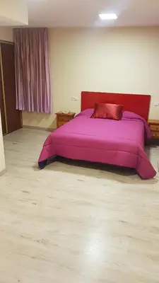 a large bed with a purple bedspread in a room at Hostal Orly in Camponaraya