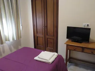 a bedroom with a purple bed and a flat screen tv at Hostal Orly in Camponaraya