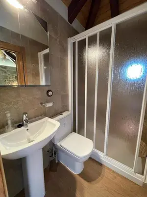 a bathroom with a sink and a toilet and a shower at Casa Casoa in Piornedo