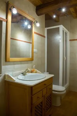 a bathroom with a sink and a toilet and a mirror at La Casina de Terobe in Cacabelos