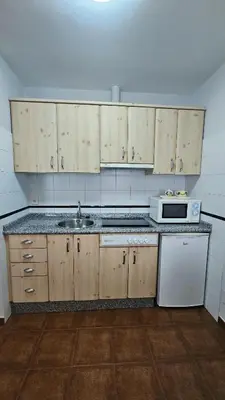 a kitchen with wooden cabinets and a sink and a microwave at Apartamentos Castello in Cartavio