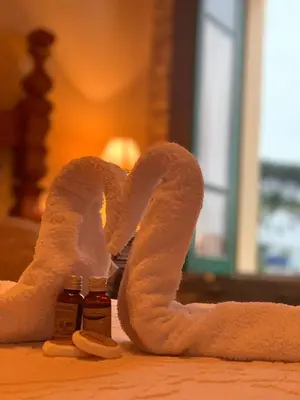 a towel shaped like a heart on a table with two sauces at Casa da Roxa in Foz
