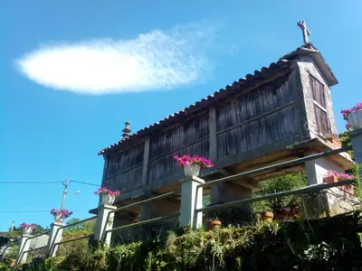a house on top of a hill with flowers at Casa Vixide in Lalín