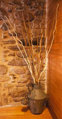 a vase with sticks in it next to a stone wall at Casa do Mudo in Cervo