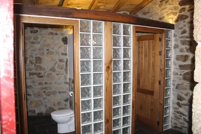 a bathroom with a toilet and a stone wall at Casa Solveira in Piñeiro