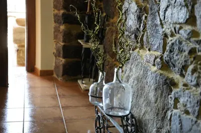 two empty wine bottles are hanging on a wall at Vivienda Uso Turístico Prado novo in Suarbol