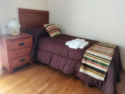 a bedroom with a bed with a night stand and a lamp at Pension a Fontiña in Cuntis