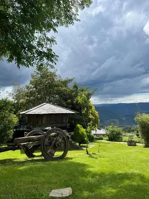 a bench in the grass in front of a hut at Complejo Rural Lar de Vies in A Pontenova