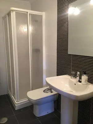a bathroom with a sink and a shower and a toilet at Ático Lobariñas in Allariz