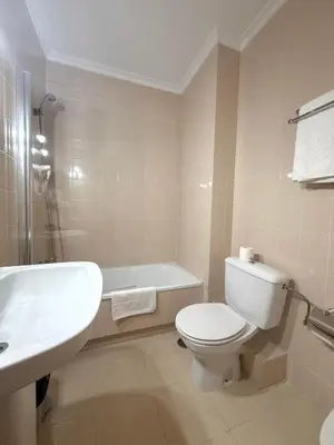 a bathroom with a toilet and a sink and a bath tub at Hotel Spa Galatea in Burela de Cabo