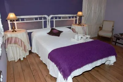 a bedroom with a large bed with a purple blanket at A Aira da Petada Hotel Boutique in Corzos