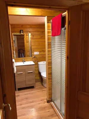 a bathroom with a toilet and a sink and a shower at CABAÑAS LAGO DE SANABRIA in Vigo de Sanabria