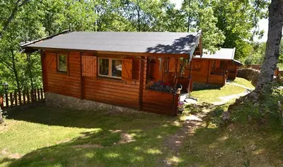 a large wooden cabin in the middle of a yard at CABAÑAS LAGO DE SANABRIA in Vigo de Sanabria