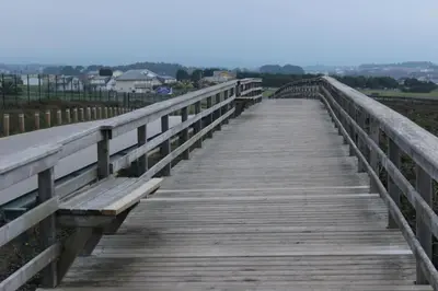 a wooden bridge with a bench on it at Costa Reinante Spa in Barreiros