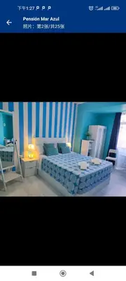 a blue bedroom with a bed and a desk at Pensión Mar Azul in Santiago de Compostela