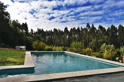 a swimming pool in the middle of a yard with trees at Casa Duarte in Cuntis