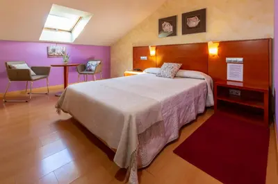 a hotel room with a large bed and a table at Hotel MIRAVALLE in Ourense