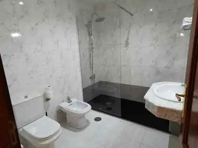 a bathroom with a toilet and a shower and a sink at Hotel San Jacobo in Santiago de Compostela