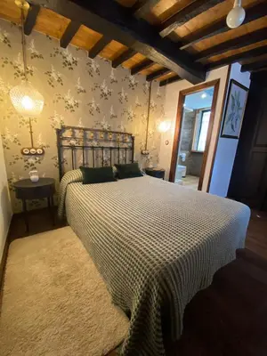 a bedroom with a bed with a black and white comforter at Casa Brandariz in Santa Maria de Arzua