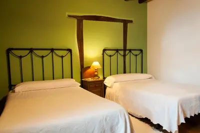 two beds in a room with green walls at Casa Brandariz in Santa Maria de Arzua