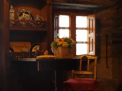a kitchen with a table with a vase of flowers on it at Casa Brandariz in Santa Maria de Arzua