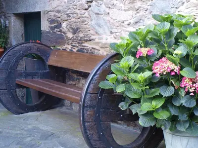 a wooden bench next to a plant with flowers at Casa Brandariz in Santa Maria de Arzua
