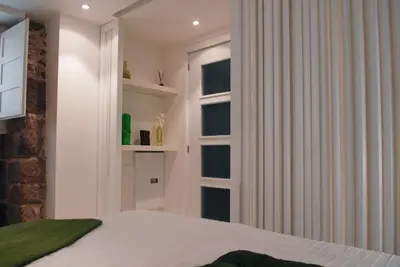 a bedroom with a bed and a window with curtains at Green Home in Santiago de Compostela