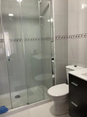 a bathroom with a shower and a toilet and a sink at Piso Mónica in Ribadavia