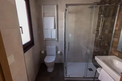 a bathroom with a shower and a toilet and a sink at Hotel Novo Cándido in Ourense