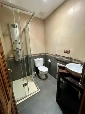 a bathroom with a toilet and a shower and a sink at El Balcón De Muniellos in Oballo