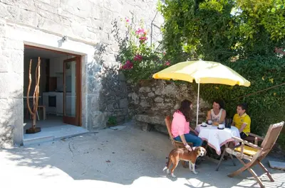 three people sitting at a table under an umbrella with a dog at Outeiro de Setecamiños in Cuntis