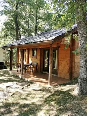 a log cabin with a picnic table on a deck at La Albarina in Galende