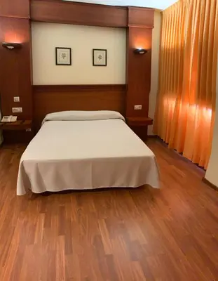a bedroom with a large bed with wooden floors at Hotel Barreiro in Leira