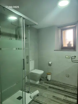 a bathroom with a toilet and a glass shower at VV La Pumarada De Limés II in Cangas del Narcea