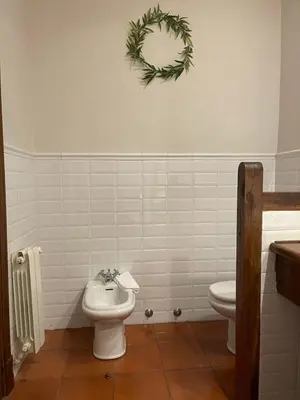 a bathroom with a toilet and a wreath on the wall at Rectoral de Cines in Oza dos Ríos