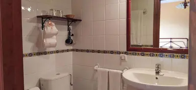a bathroom with a sink and a toilet and a mirror at La Corona del Auteiro in Valle de Lago