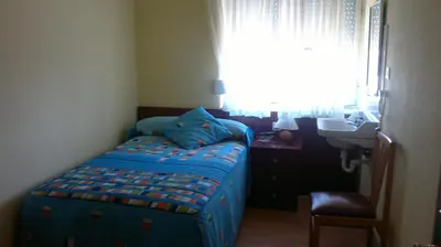 a bedroom with a bed and a sink and a window at Hostal Residencia Delfin in Astorga