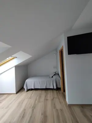 a bedroom with a bed and a flat screen tv at Pensión Residencial Platas in O Pedrouzo