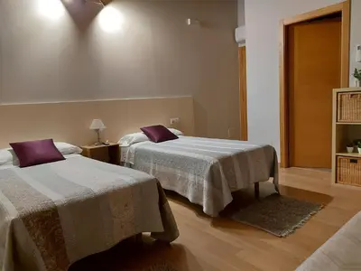 a bedroom with two beds with purple pillows at Ultreia in Portomarin