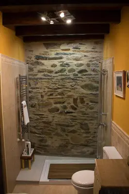 a bathroom with a shower with a stone wall at CASA CASTAÑÉ in Puente de Domingo Flórez