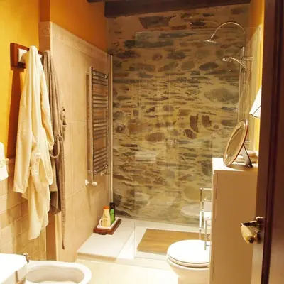 a bathroom with a shower with a stone wall at CASA CASTAÑÉ in Puente de Domingo Flórez
