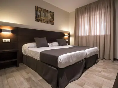 a bedroom with a large bed and a window at Complejo O Piñeiral A Fonsagrada in Fonsagrada